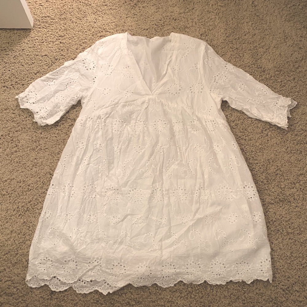 White Lace Eyelet Knee Length Babydoll Dress